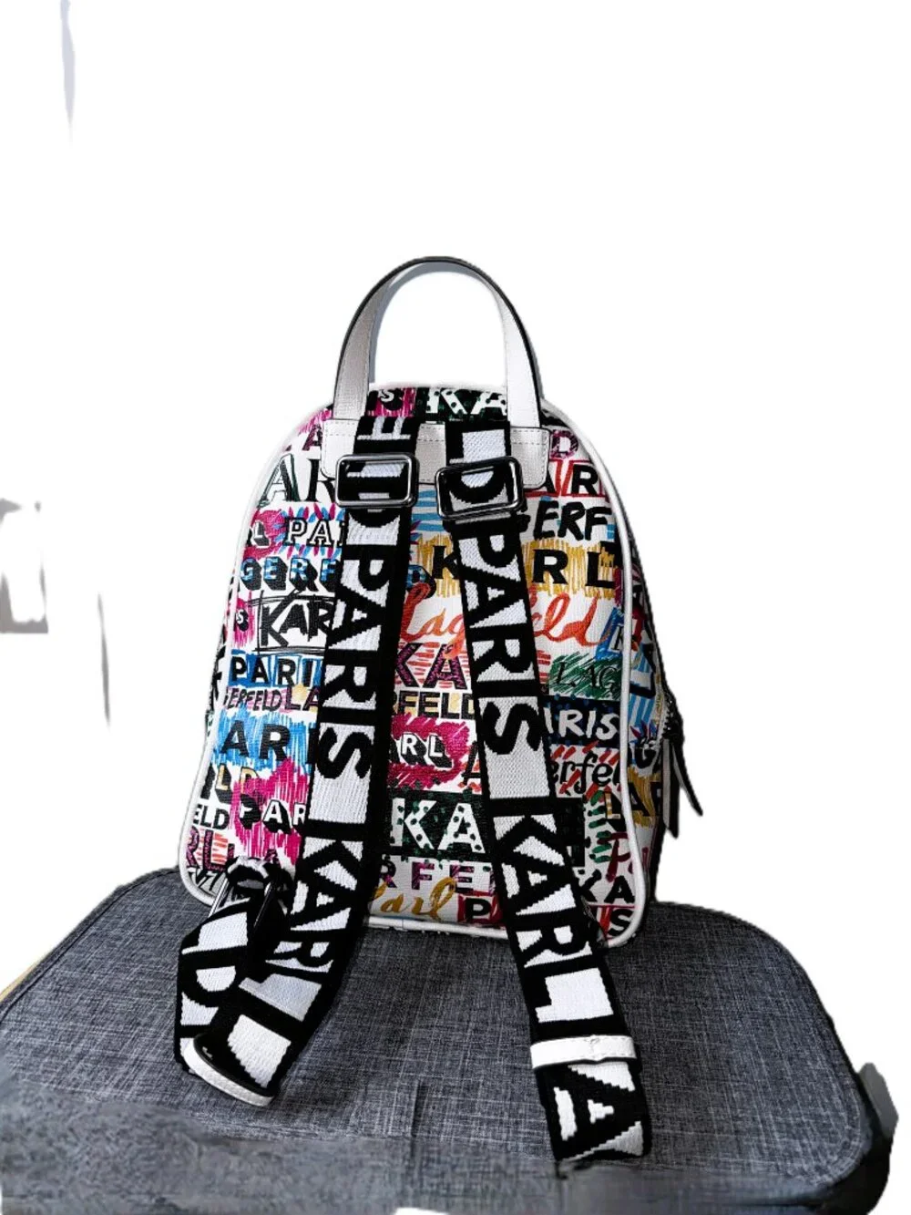 Karl Lagerfeld Paris Graffiti Logo Backpack Multi Color White Graphic Print